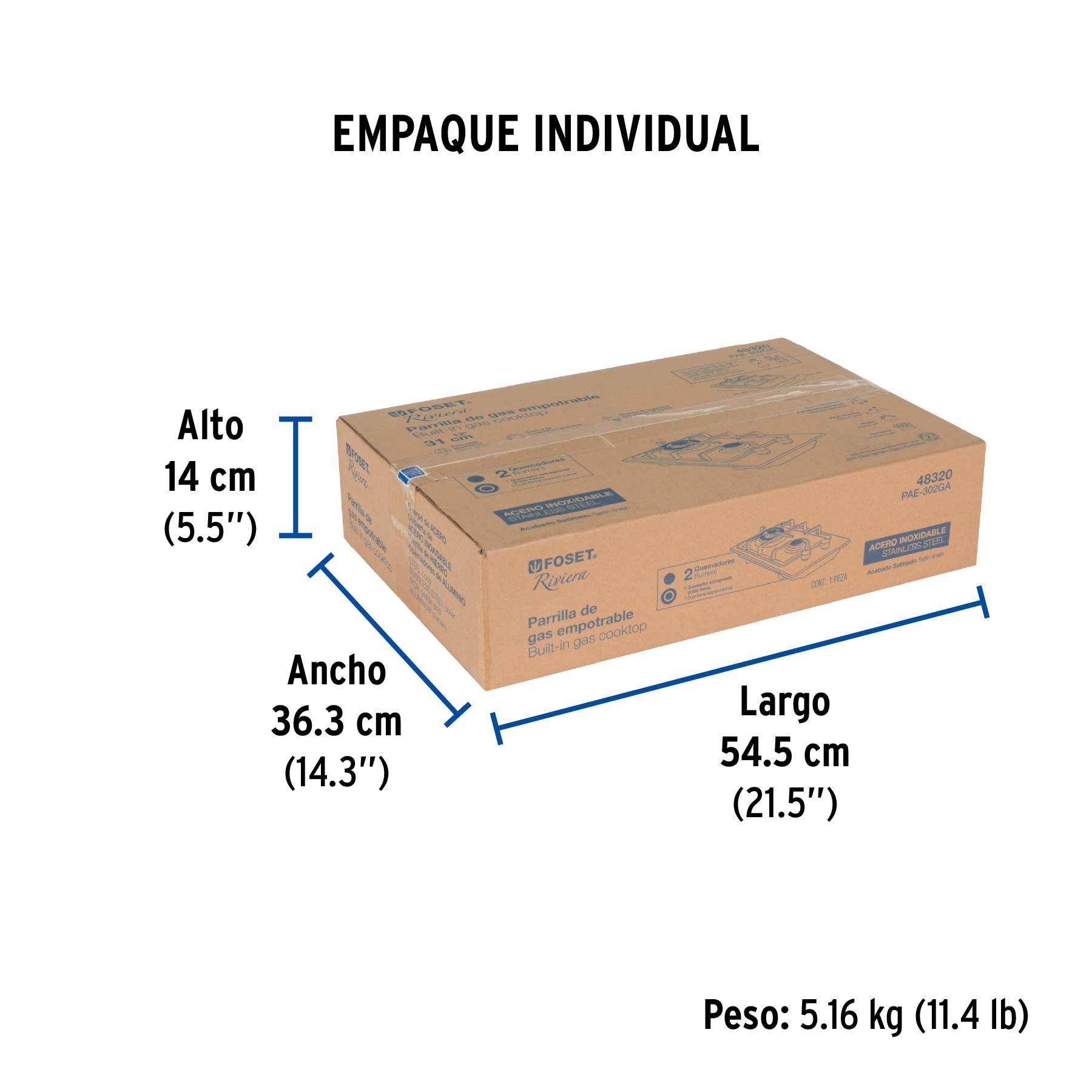 Parrilla gas empotrable 30cm, 2 quem, acero inox, Riviera