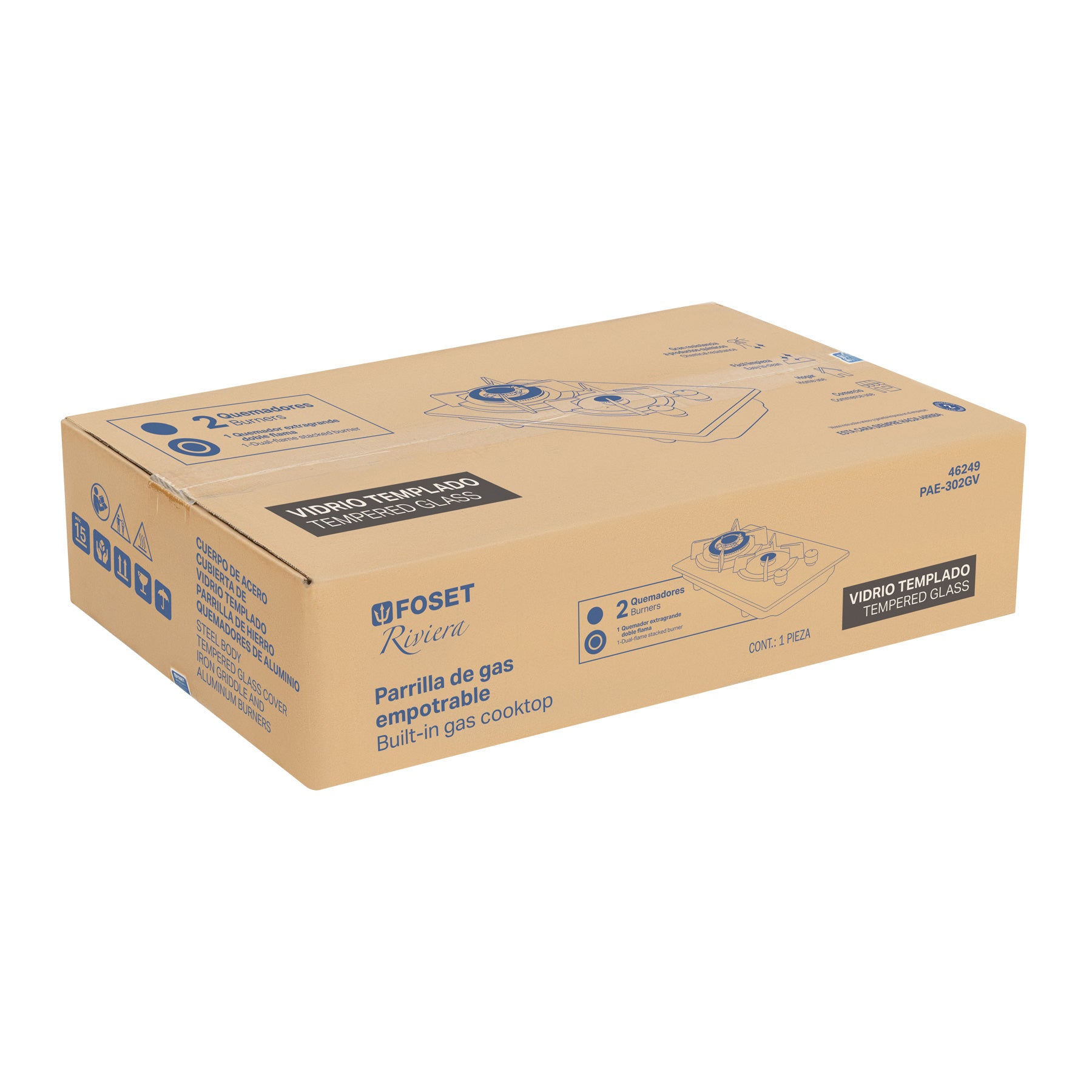 Parrilla gas empotrable 30cm, 2 quem, vidrio negro, Riviera