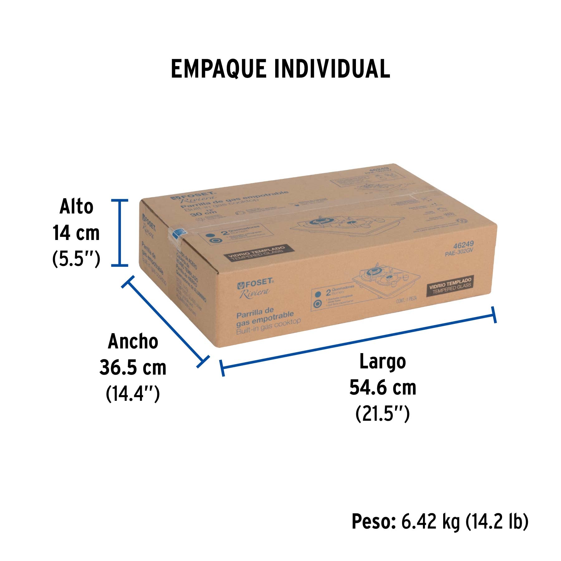 Parrilla gas empotrable 30cm, 2 quem, vidrio negro, Riviera