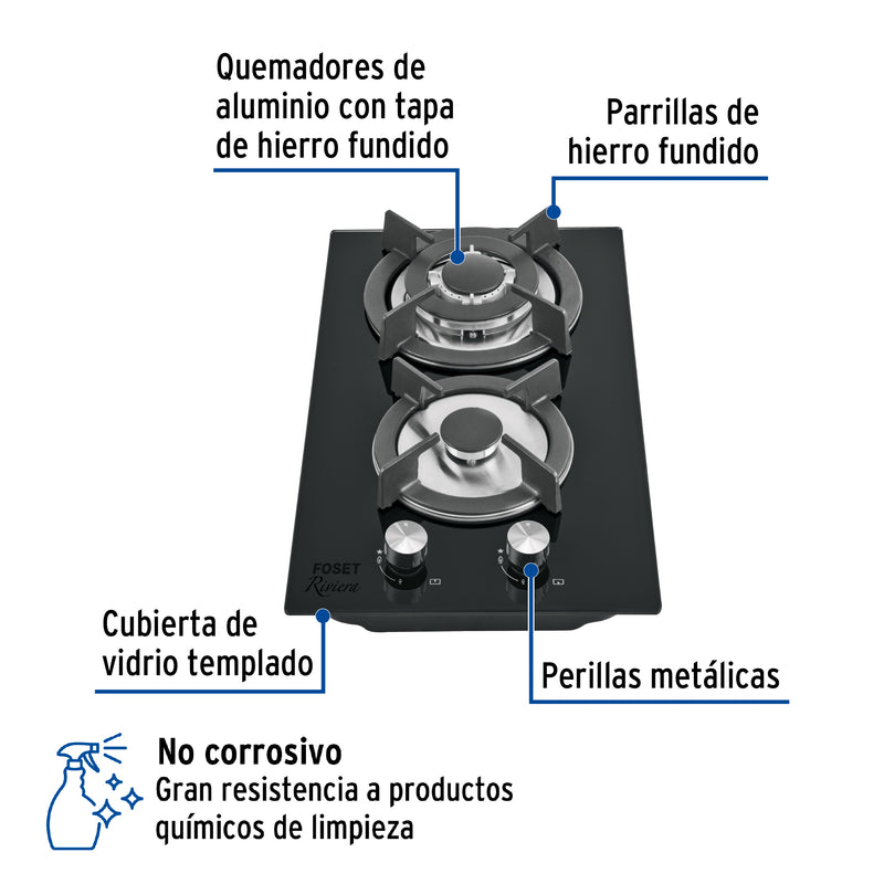 Parrilla gas empotrable 30cm, 2 quem, vidrio negro, Riviera