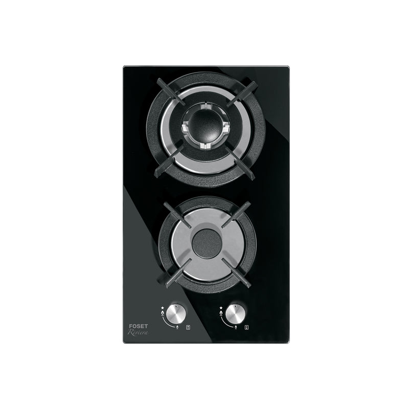 Parrilla gas empotrable 30cm, 2 quem, vidrio negro, Riviera