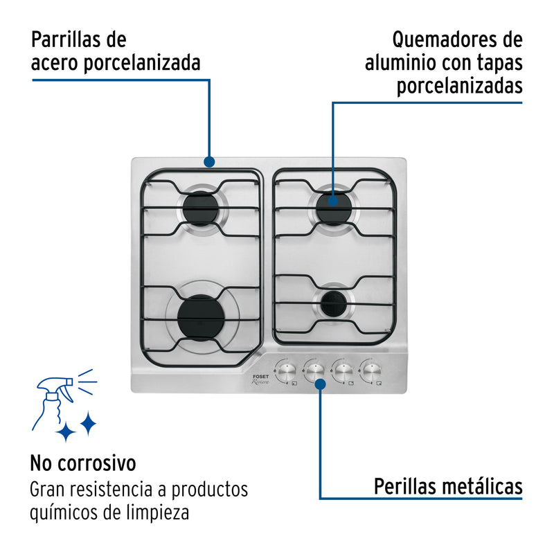 Parrilla gas empotrable 60cm, 4 quem, inox, esmalte, FOSET