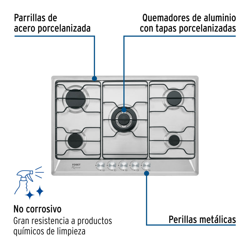Parrilla gas empotrable 75cm, 5 quem, inox, esmalte, FOSET