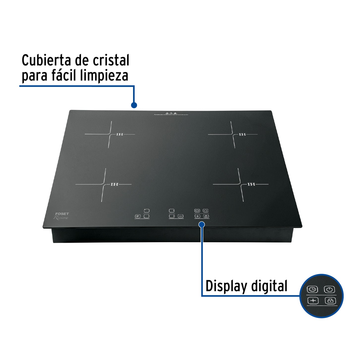 Parrilla inducción empotrable 60cm, 4 quem, vidrio, Riviera