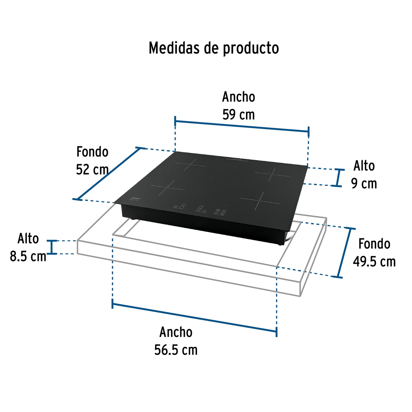 Parrilla inducción empotrable 60cm, 4 quem, vidrio, Riviera