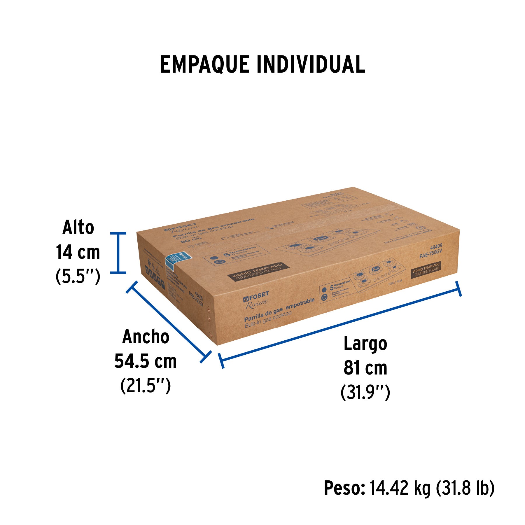 Parrilla de gas empotrable 5 quemadores, vidrio, Foset