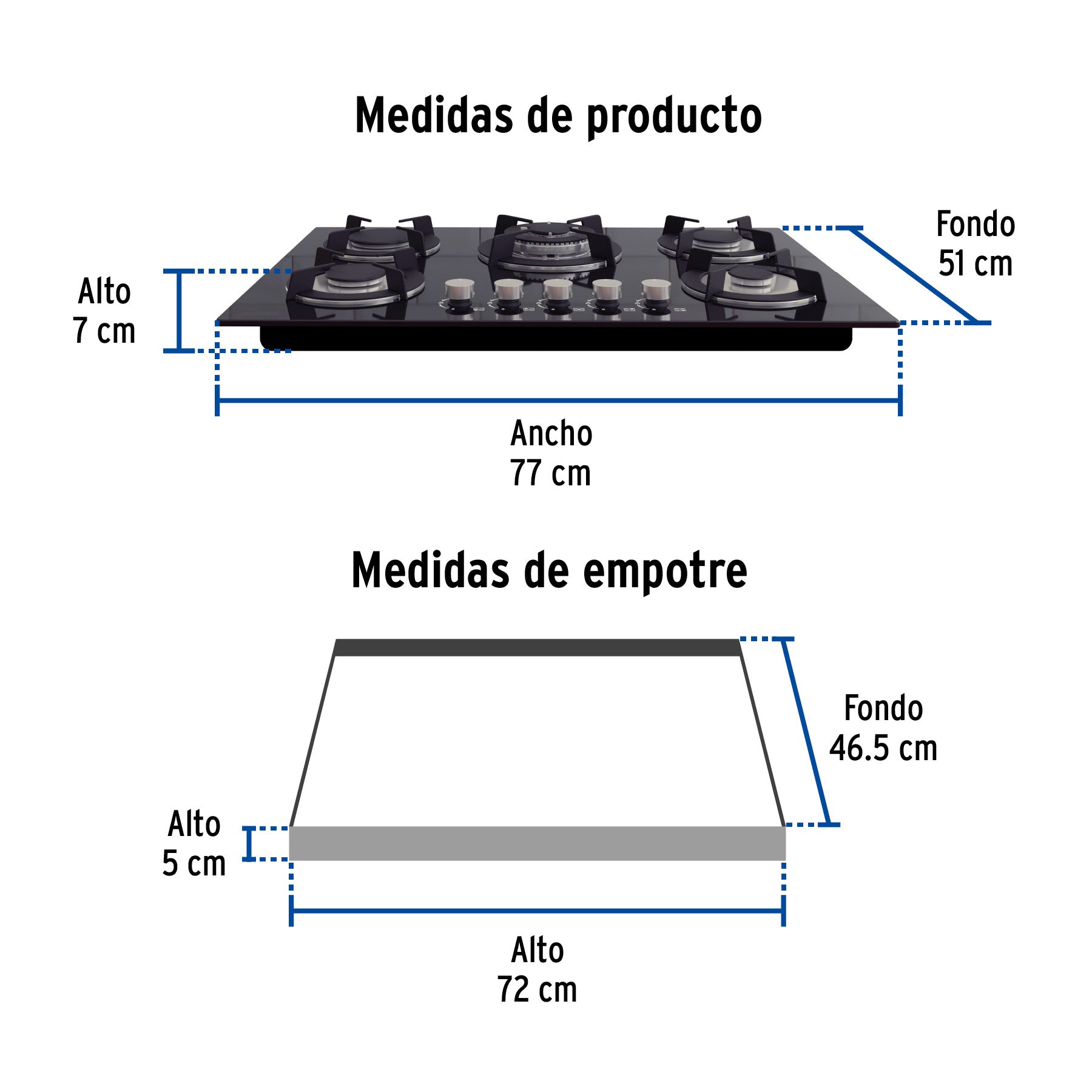 Parrilla de gas empotrable 5 quemadores, vidrio, Foset