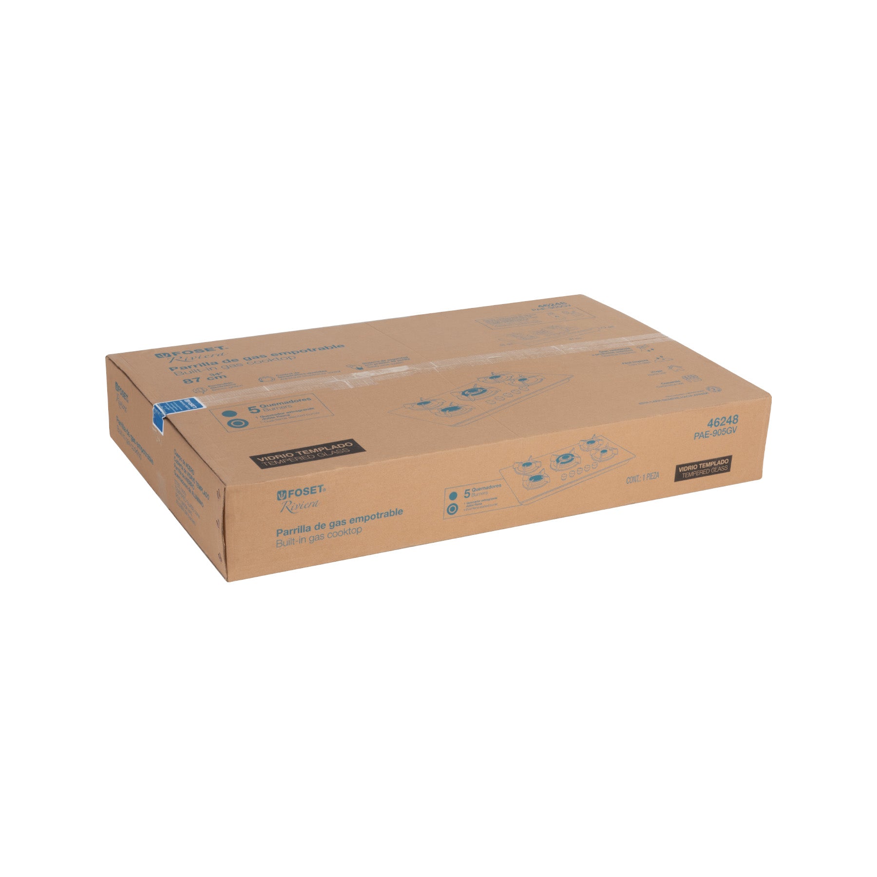 Parrilla gas empotrable 90cm, 5 quem, vidrio negro, Riviera