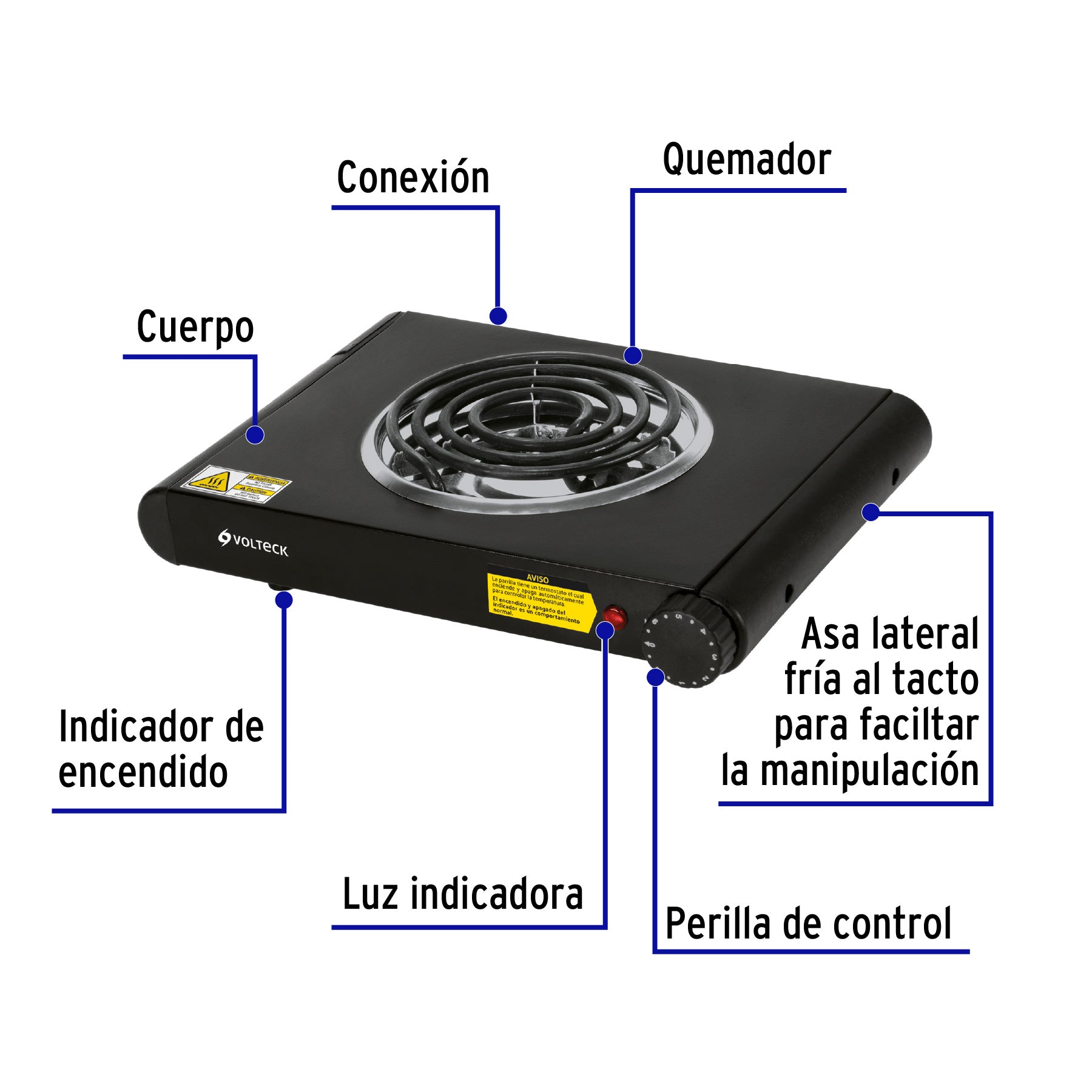 Parrilla eléctrica de resistencia, negra, Volteck
