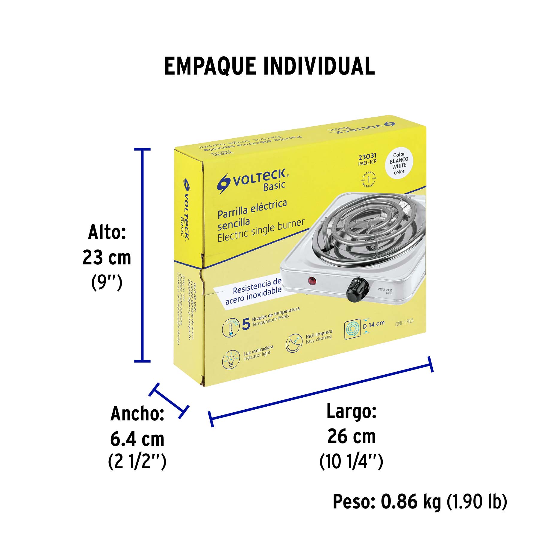 Parrilla eléctrica 1 quemador, cuadrada, Volteck Basic