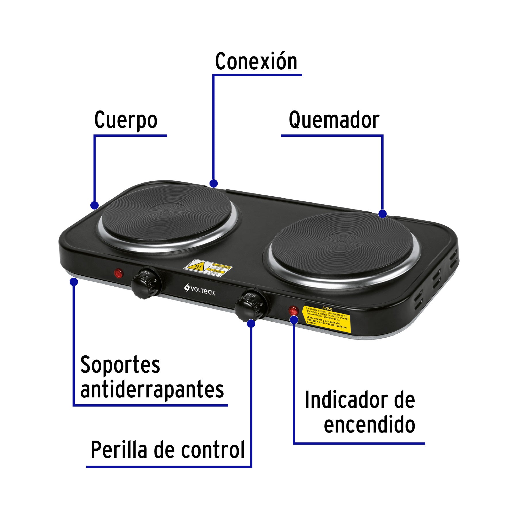 Parrilla eléctrica doble quemador tipo disco, negra, Volteck