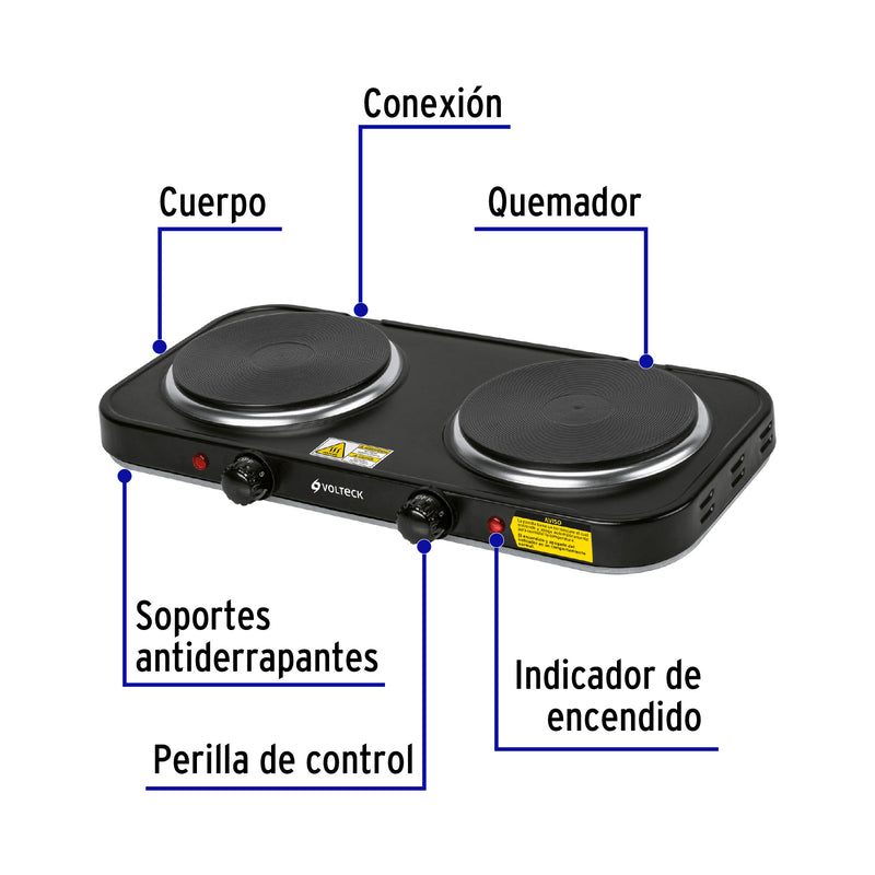 Parrilla eléctrica doble quemador tipo disco, negra, Volteck