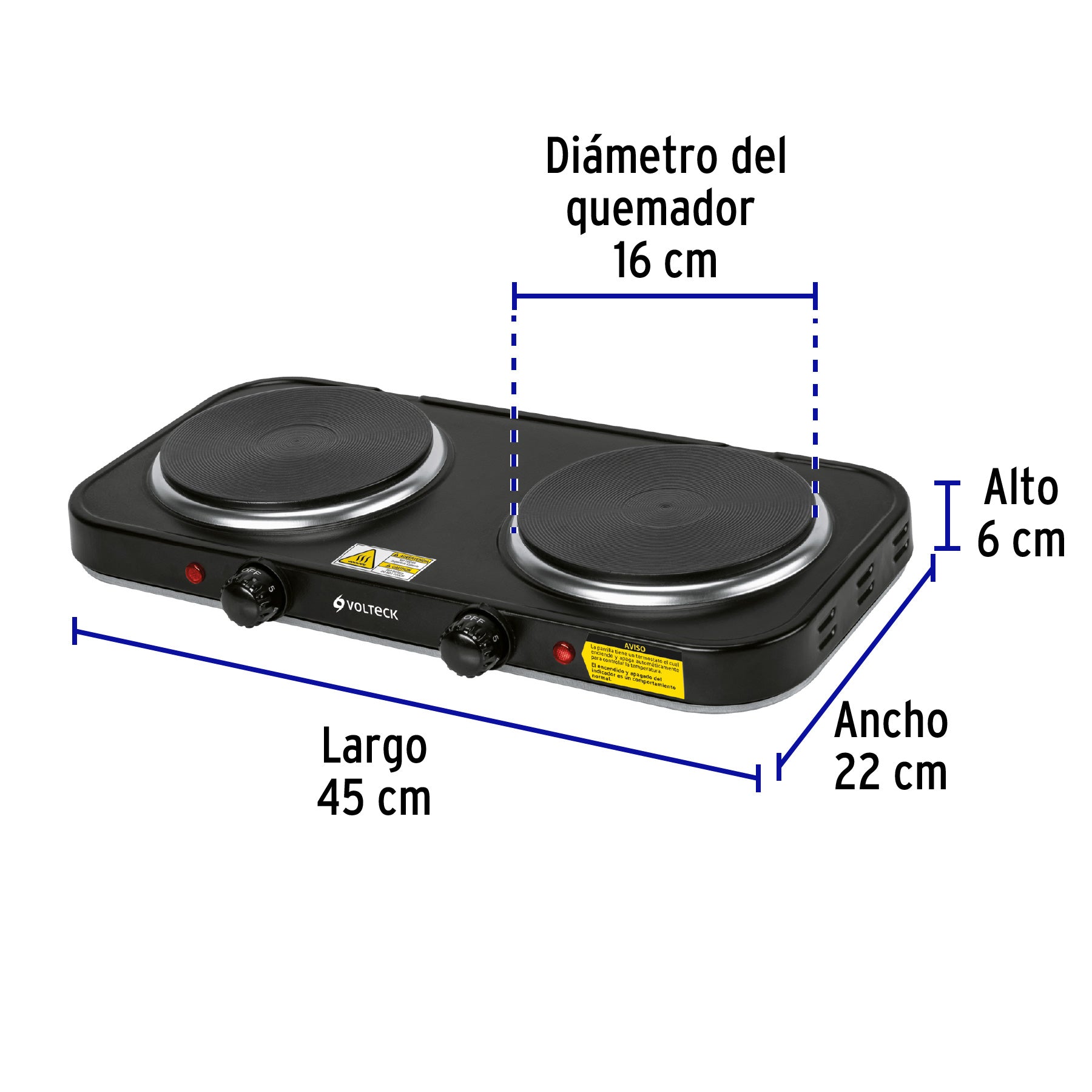 Parrilla eléctrica doble quemador tipo disco, negra, Volteck