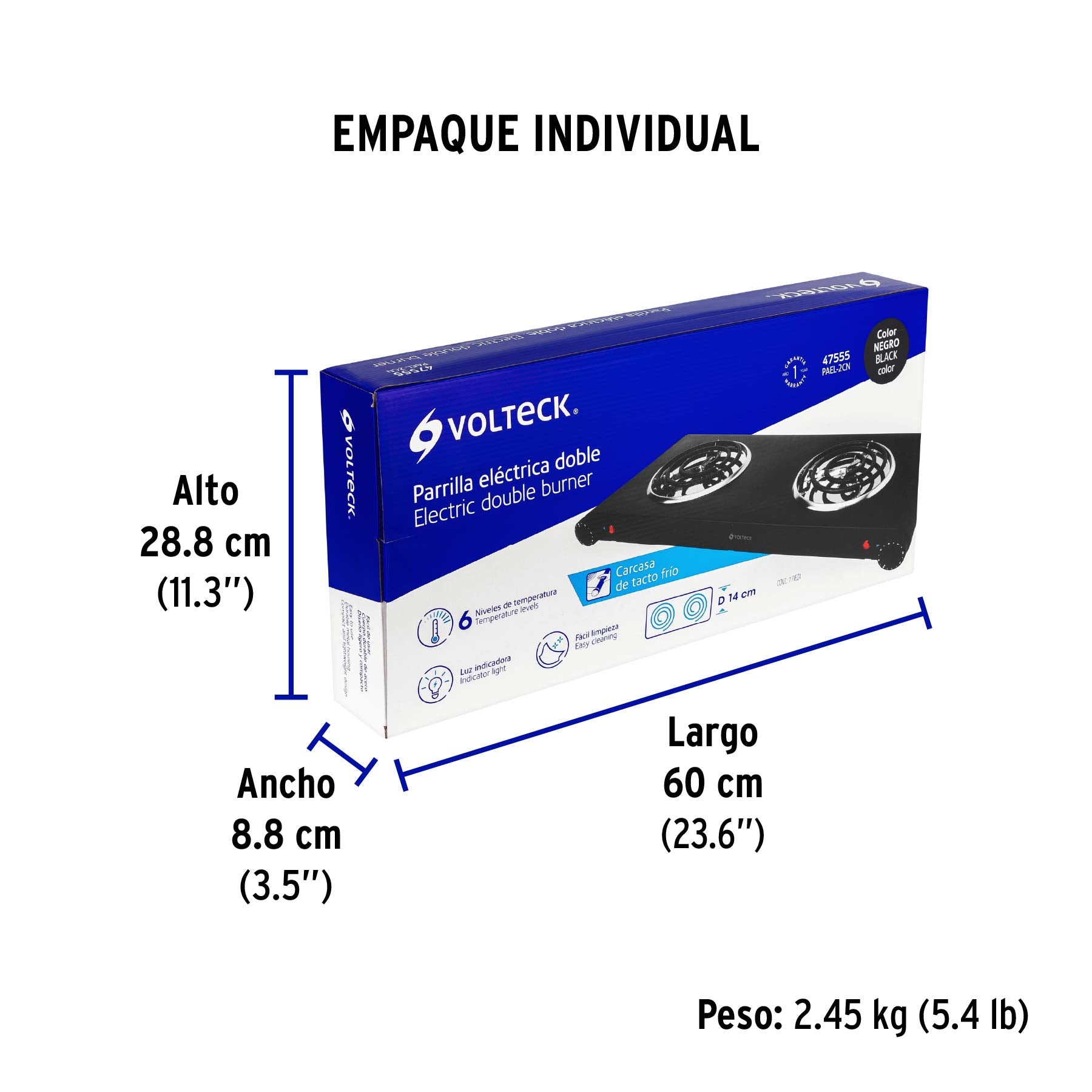 Parrilla eléctrica de doble resistencia, negra, Volteck