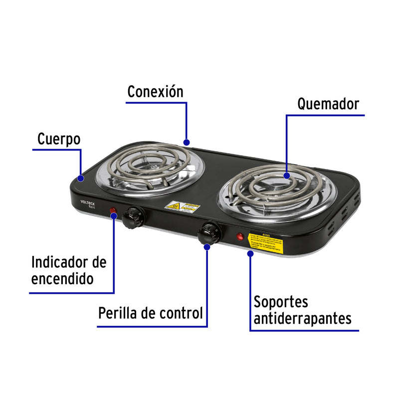Parrilla eléctrica 2 quemadores en espiral, negra, Basic