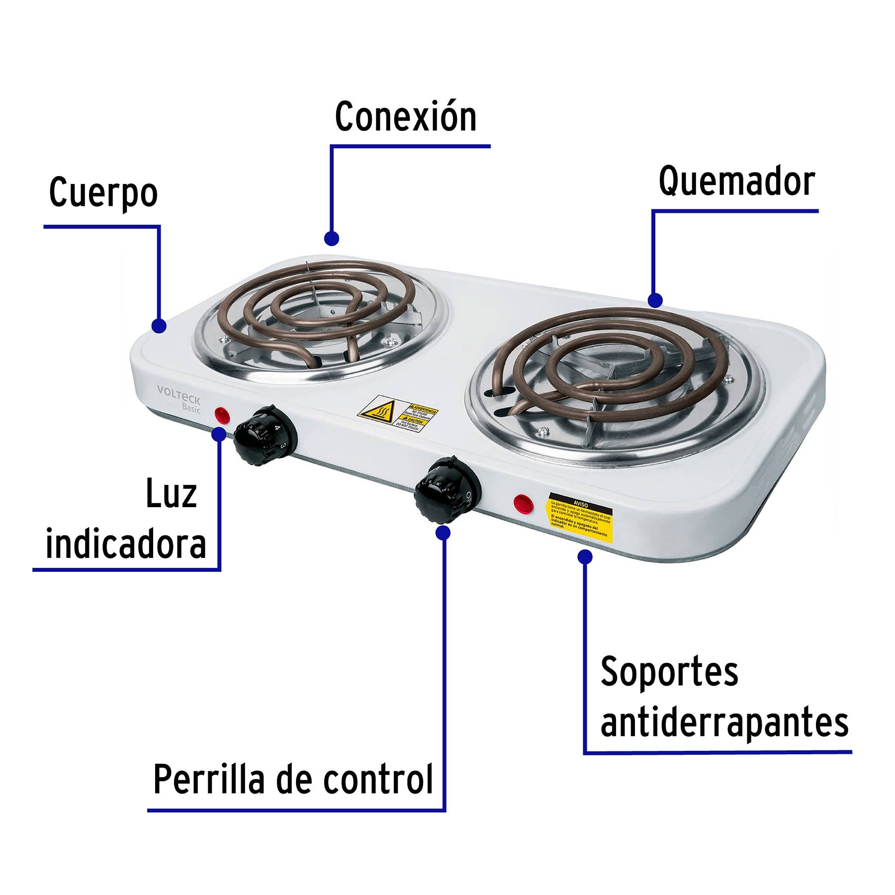 Parrilla eléctrica 2 quemadores, cuadrada, Volteck Basic