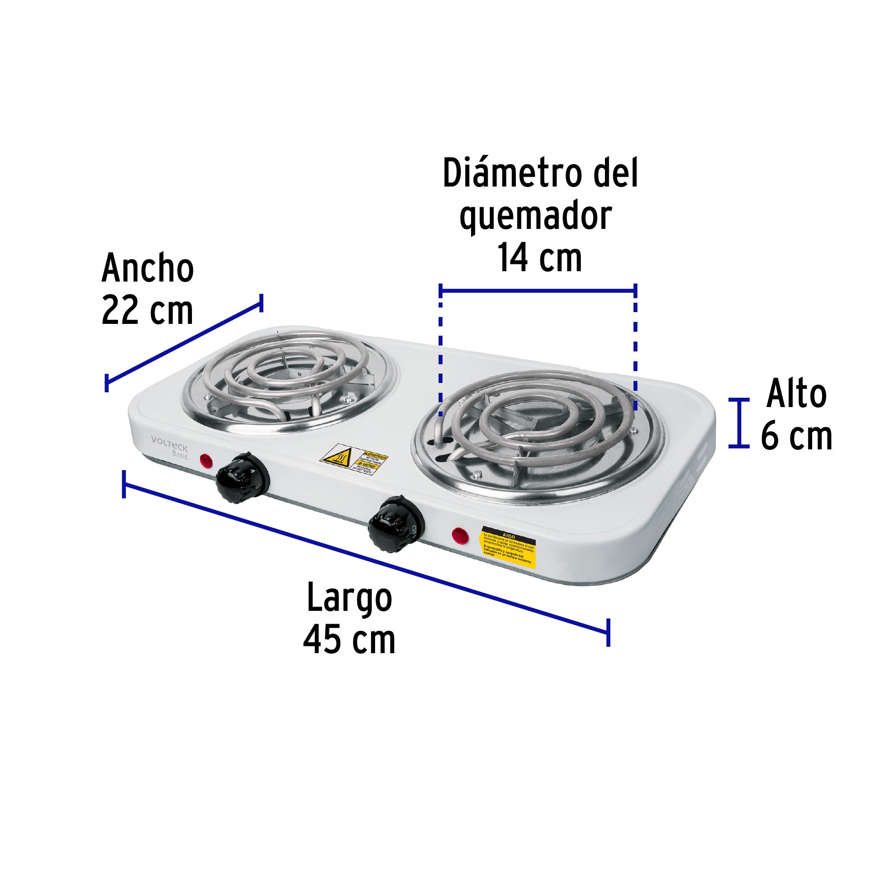 Parrilla eléctrica 2 quemadores, cuadrada, Volteck Basic
