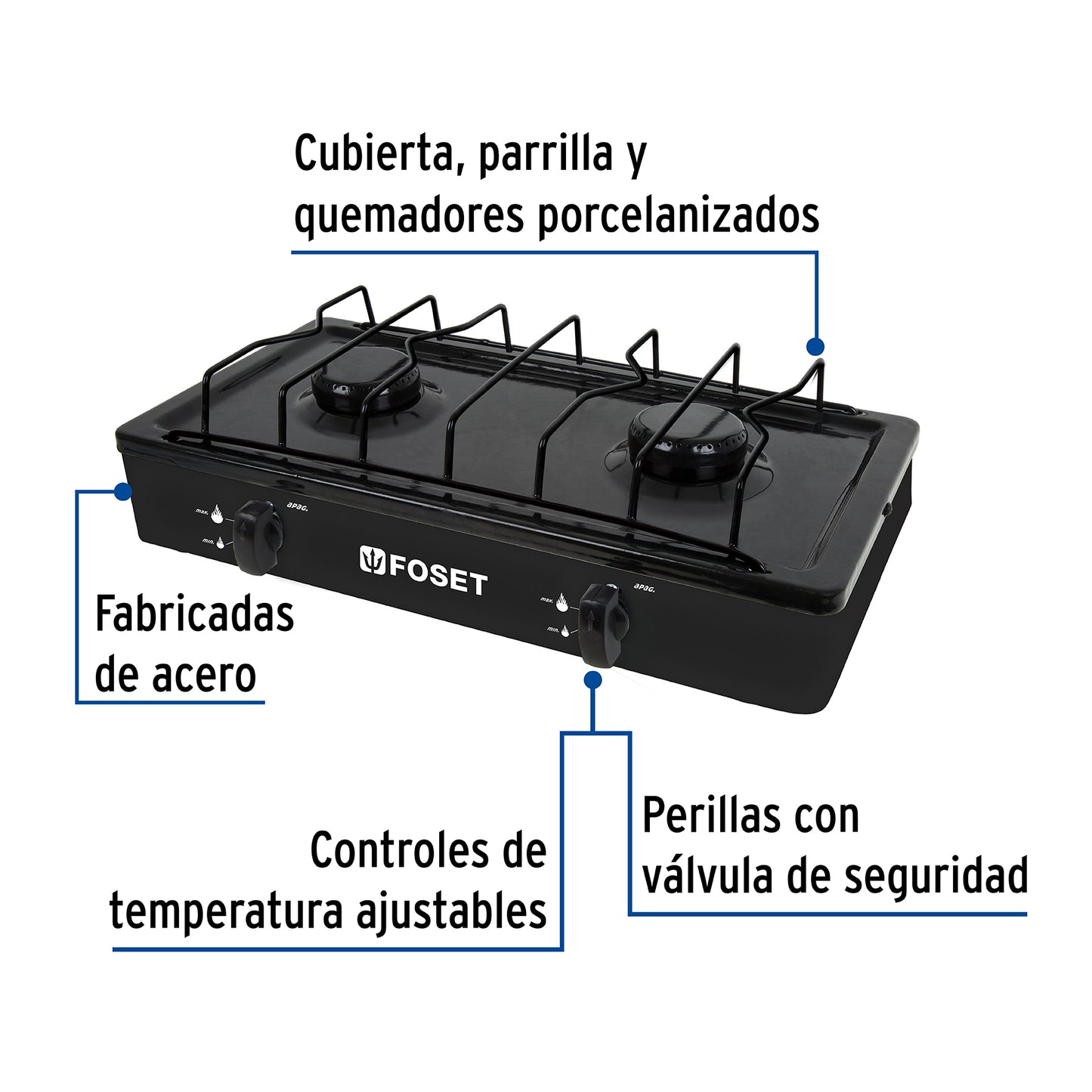 Parilla de gas, 2 quemadores, color negro