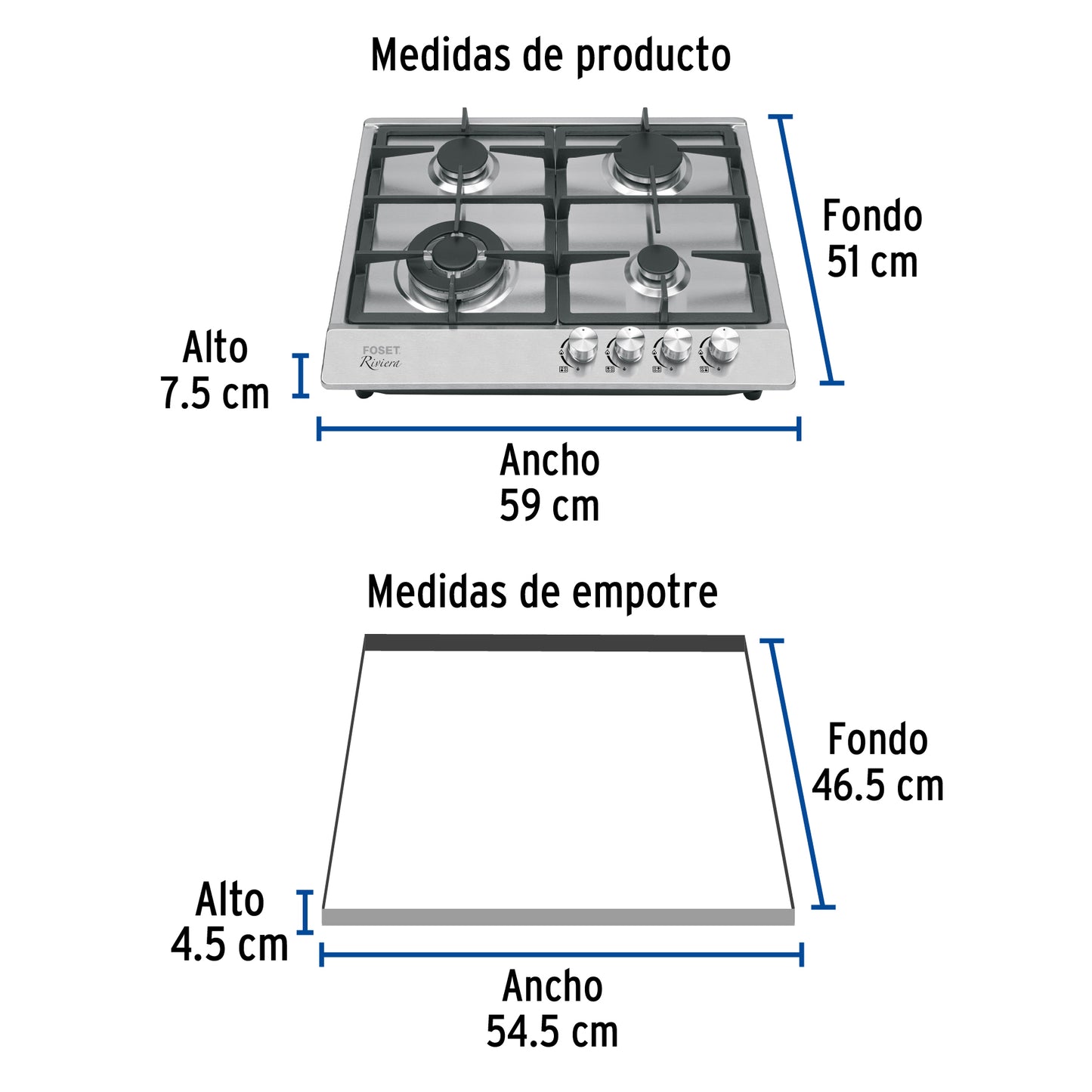 Parrilla de gas empotrable 4 quemadores, acero inox, Foset