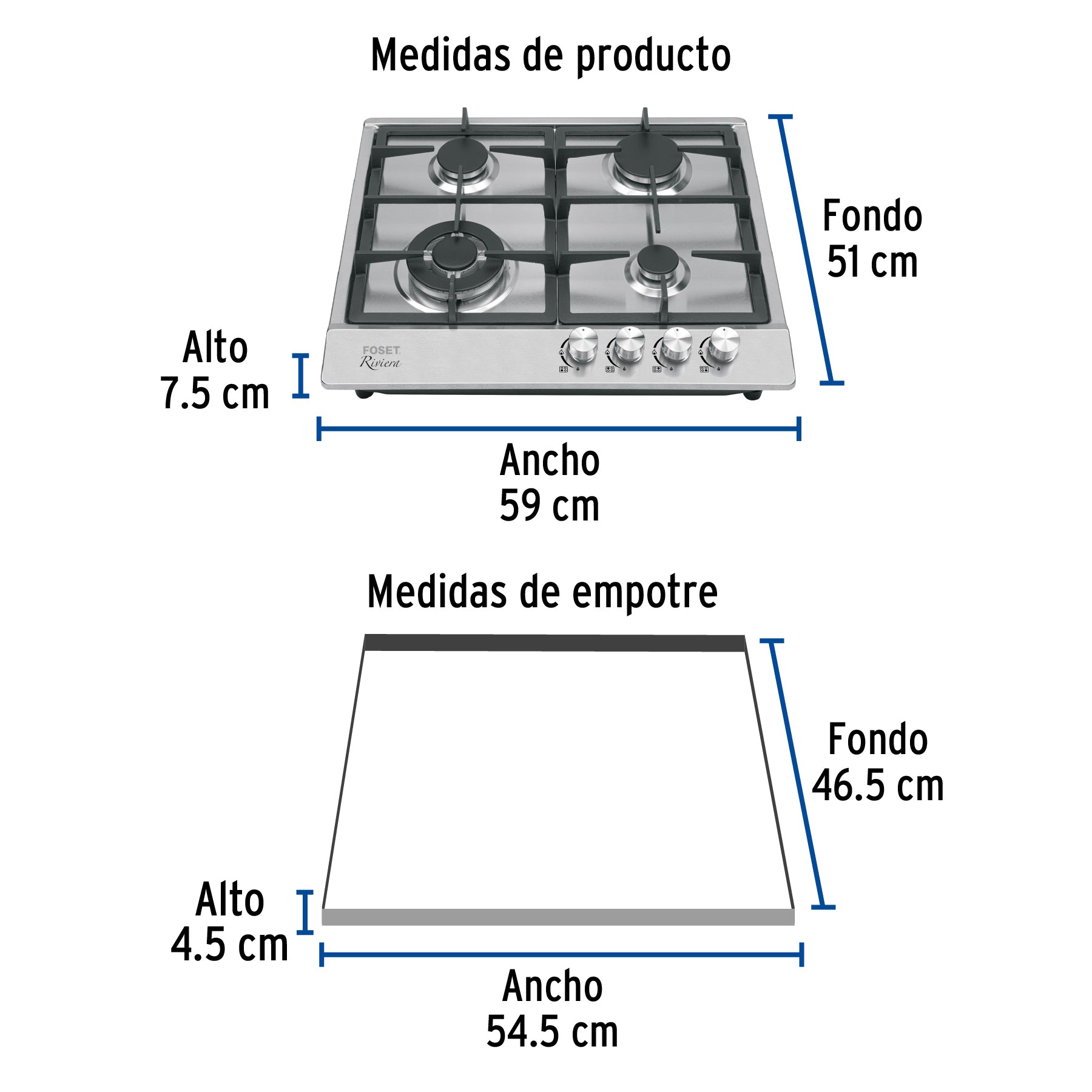 Parrilla de gas empotrable 4 quemadores, acero inox, Foset
