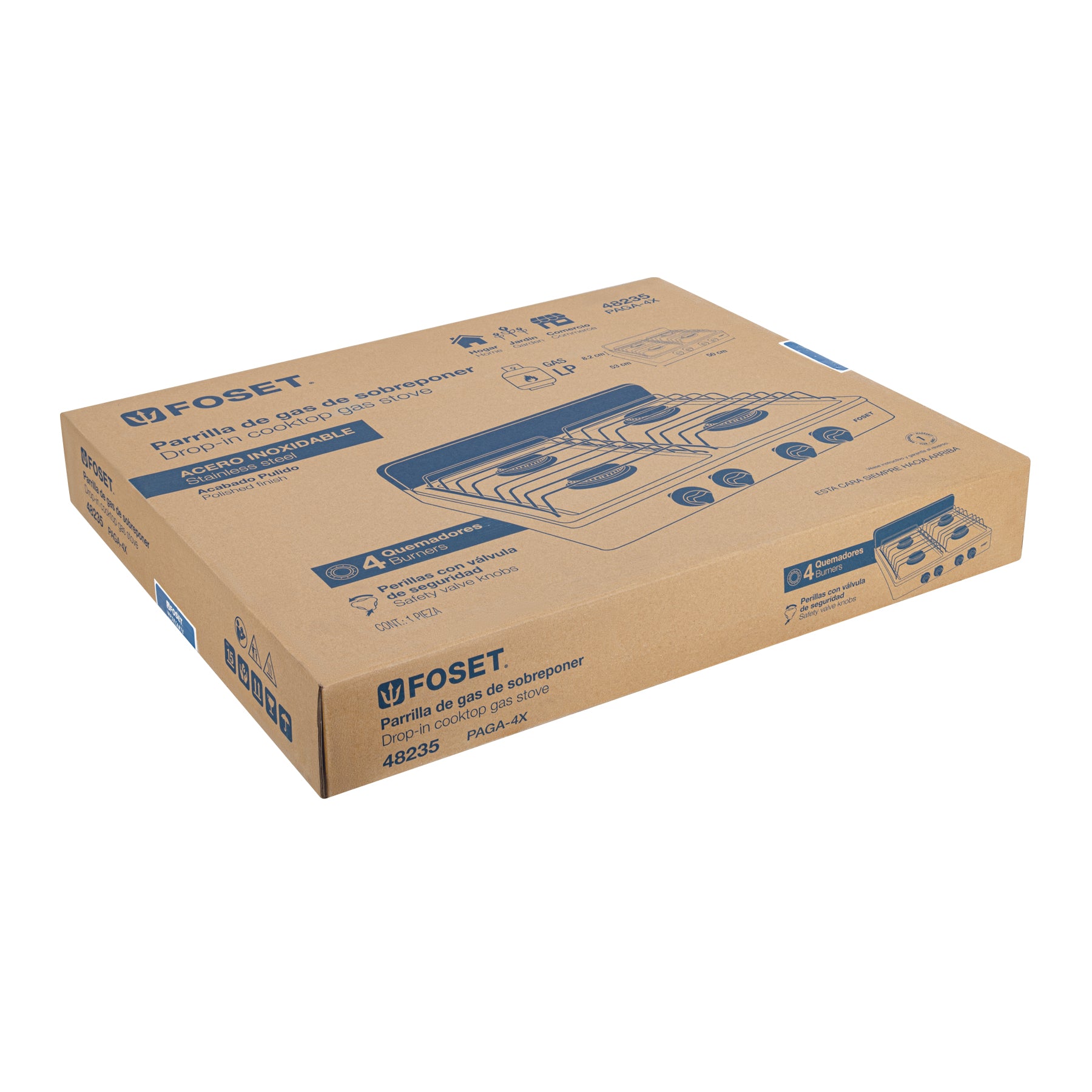 Parrilla de gas de sobreponer 4 quemadores, inox, Foset