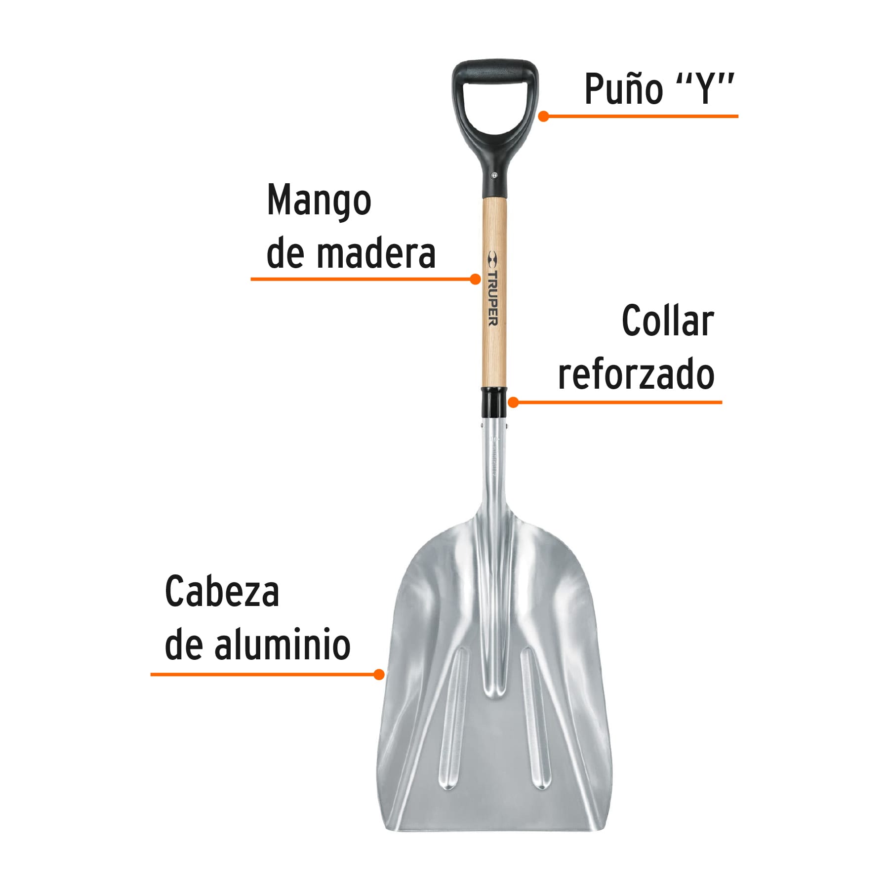Pala sanitaria cabeza #14 de aluminio, puño "y", mango 27"