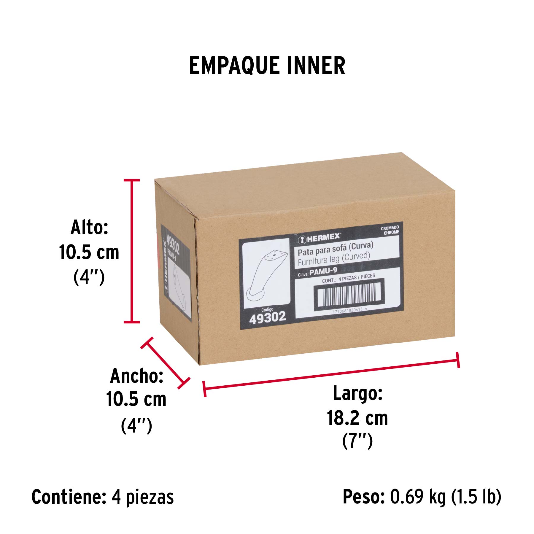 Pata para sofa y mueble, cromo, 90 mm altura, HERMEX