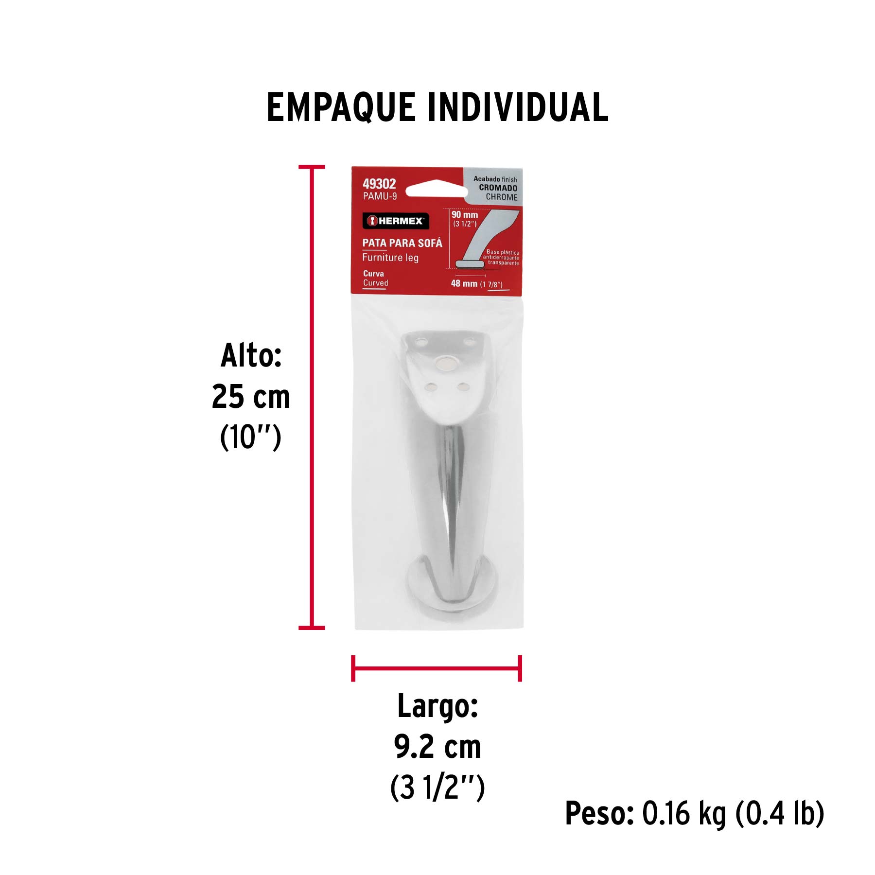 Pata para sofa y mueble, cromo, 90 mm altura, HERMEX
