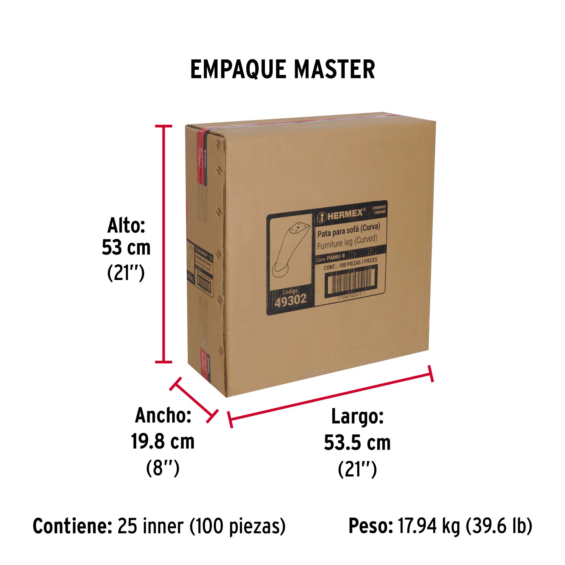 Pata para sofa y mueble, cromo, 90 mm altura, HERMEX