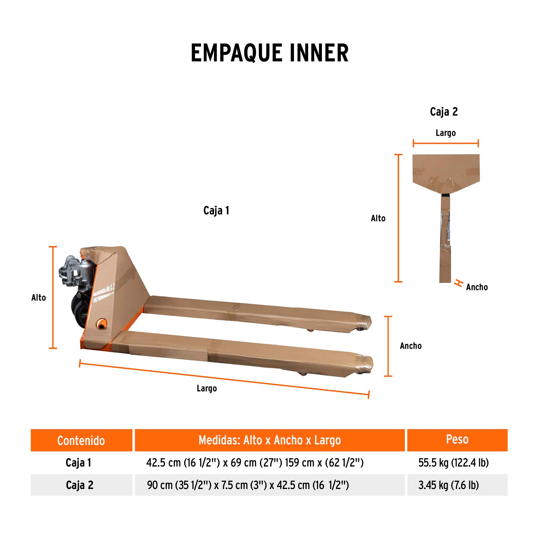 Patín traspaleta 2 ton.Ruedas delanteras de pu,traseras hule