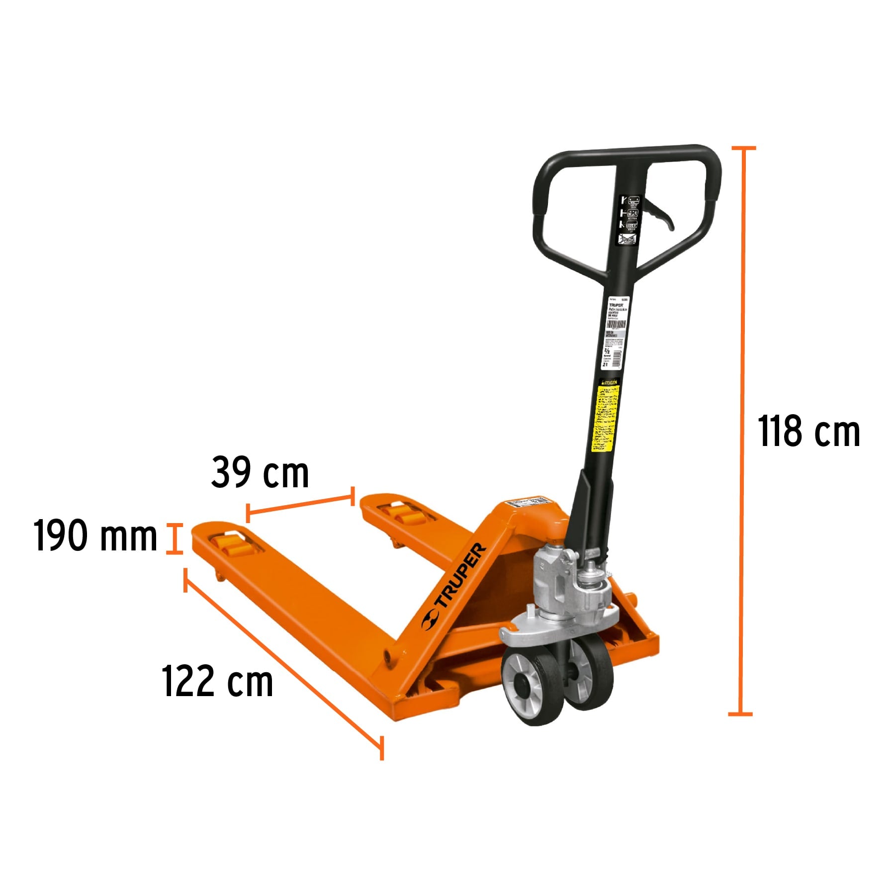 Patín traspaleta 2 ton.Ruedas delanteras de pu,traseras hule
