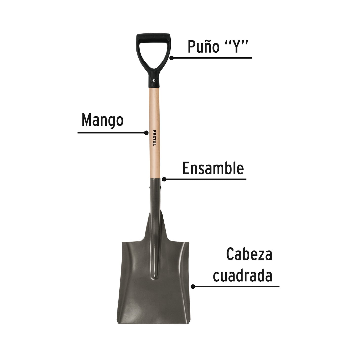 Pala cuadrada, puño "y", mango 28", pretul