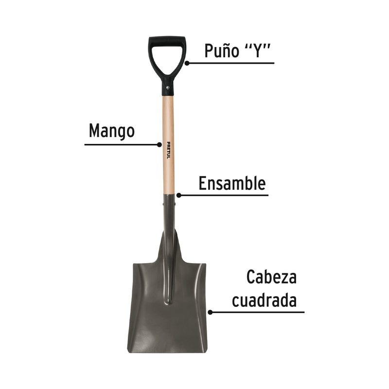 Pala cuadrada, puño "y", mango 28", pretul