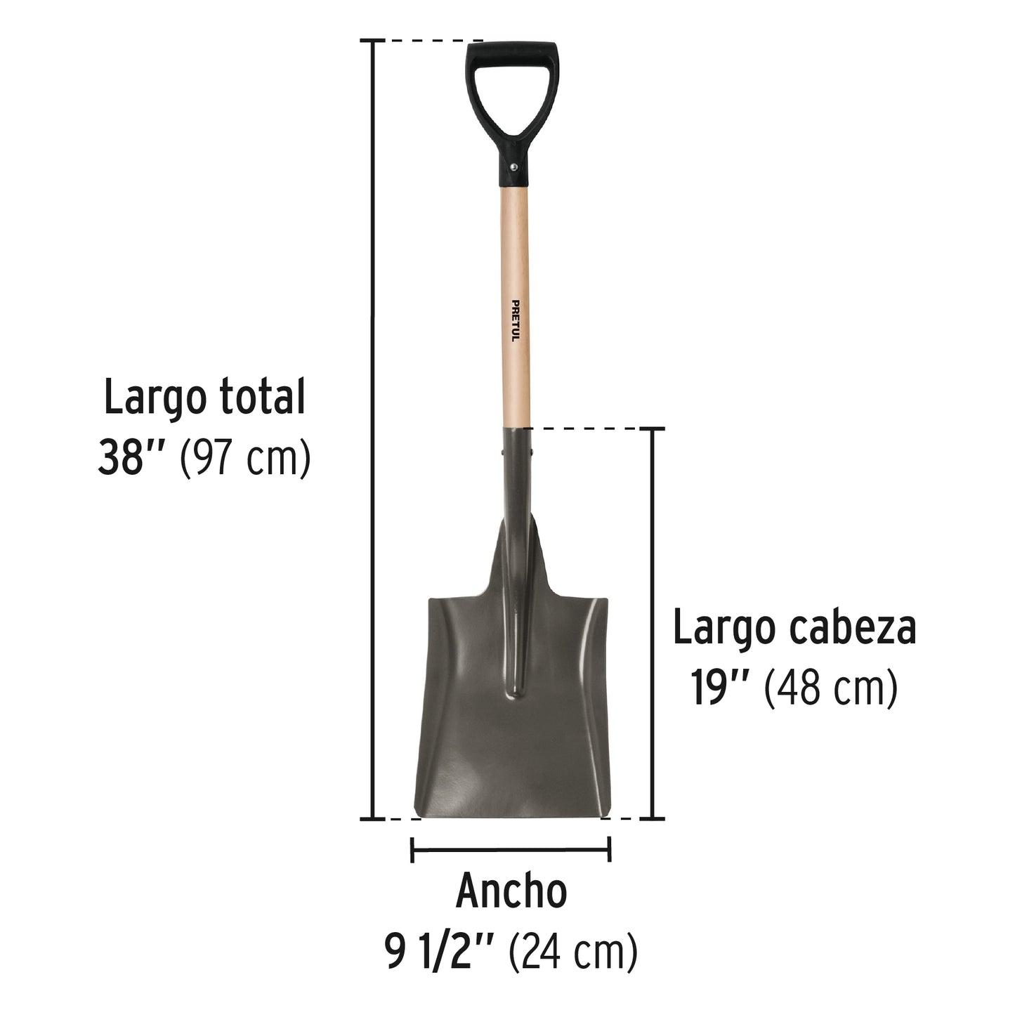 Pala cuadrada, puño "y", mango 28", pretul