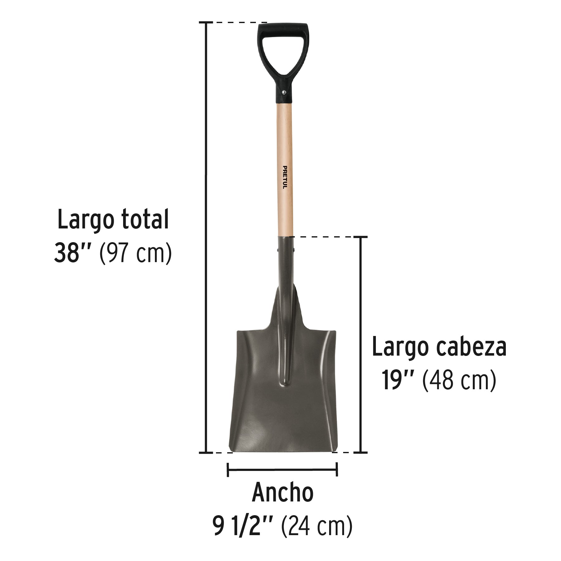 Pala cuadrada, puño "y", mango 28", pretul