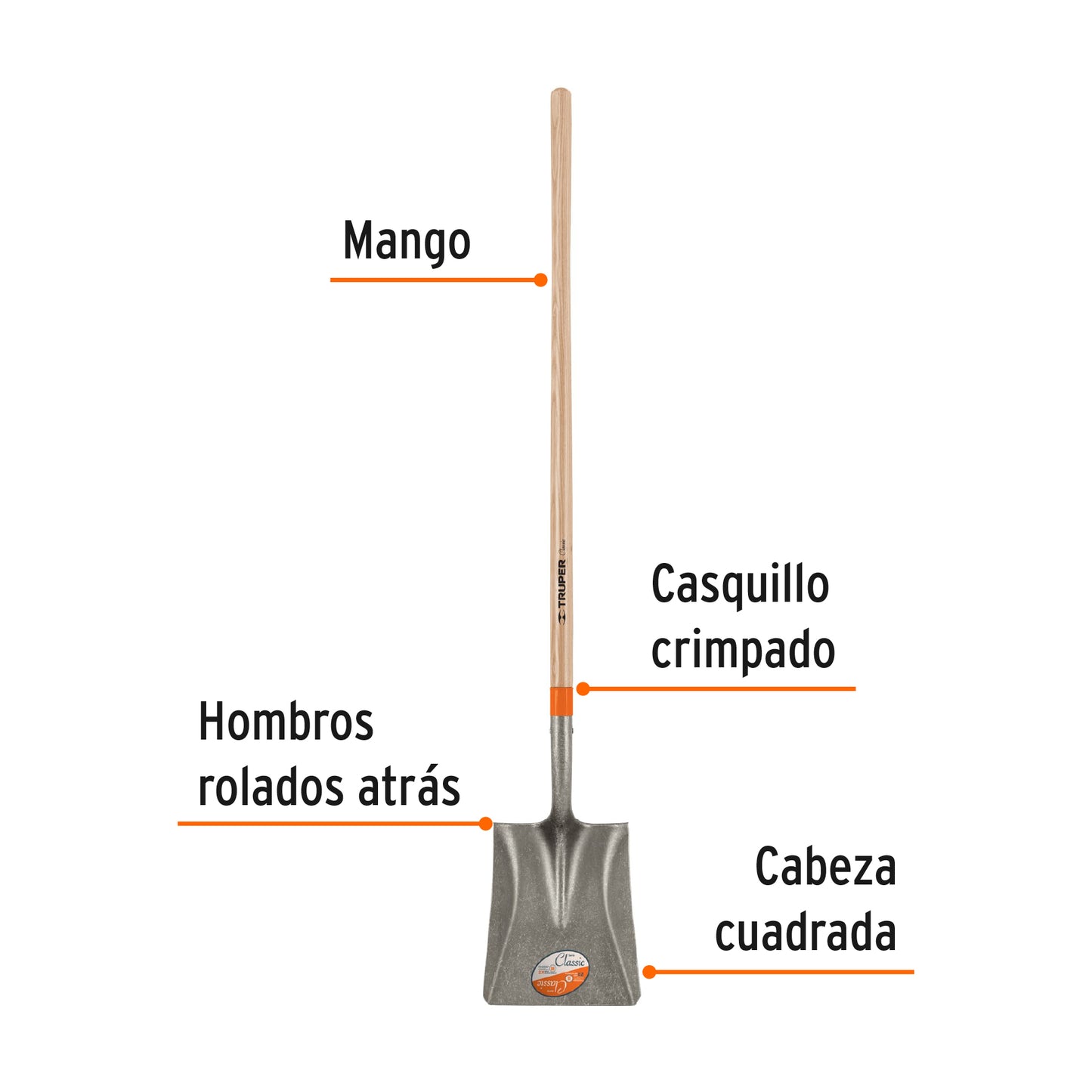 Pala classic cuadrada, mango largo 49"