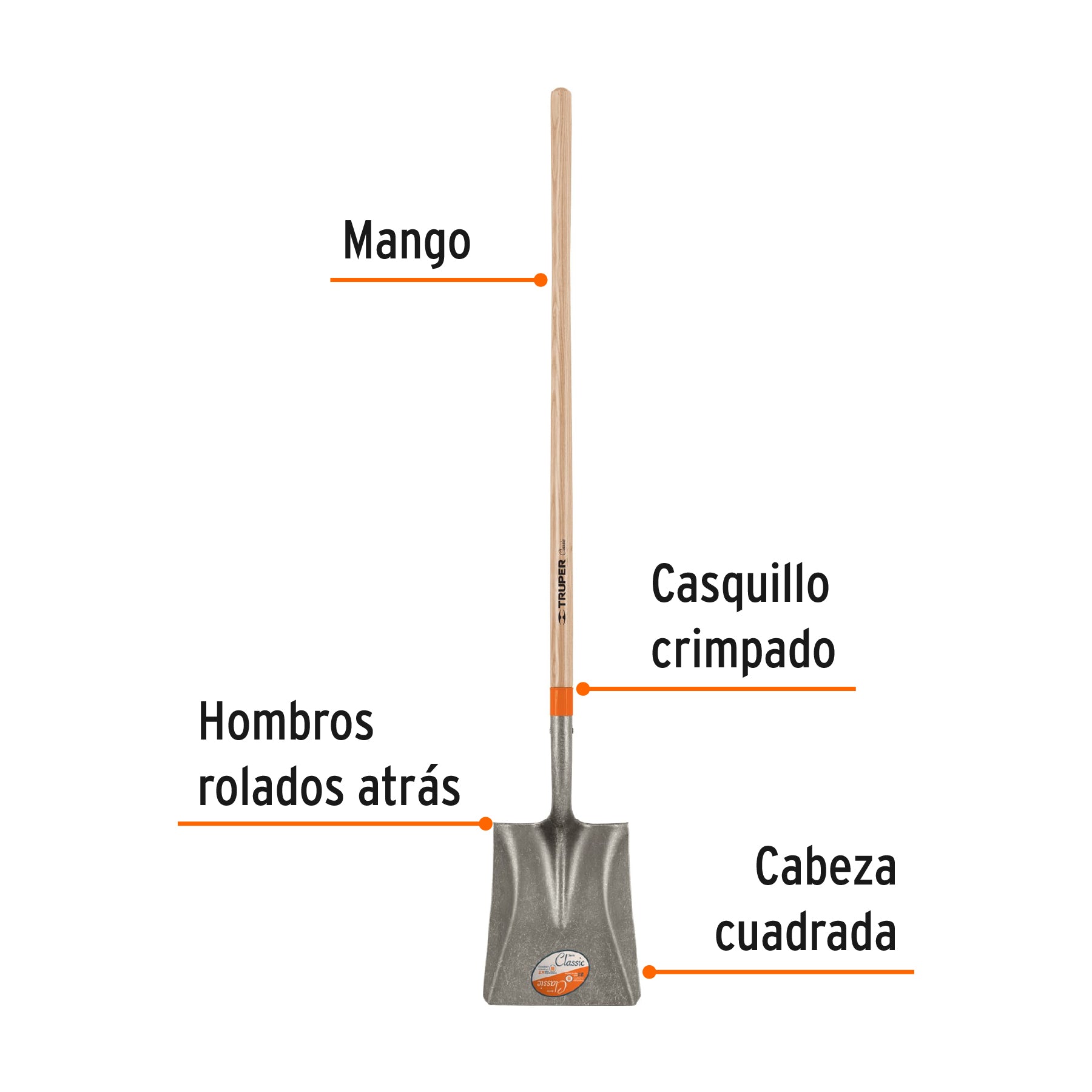 Pala classic cuadrada, mango largo 49"