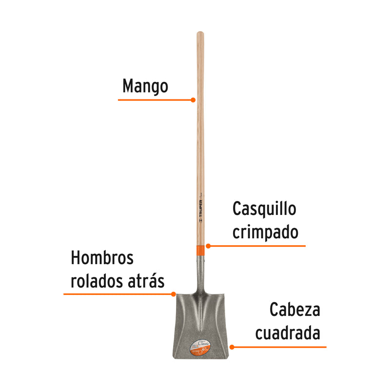 Pala classic cuadrada, mango largo 49"