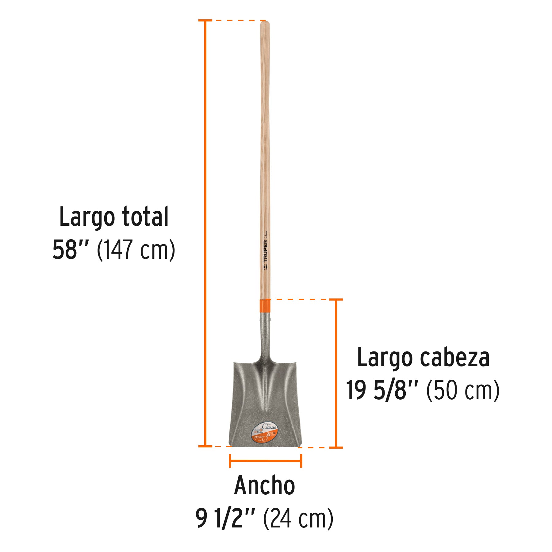 Pala classic cuadrada, mango largo 49"