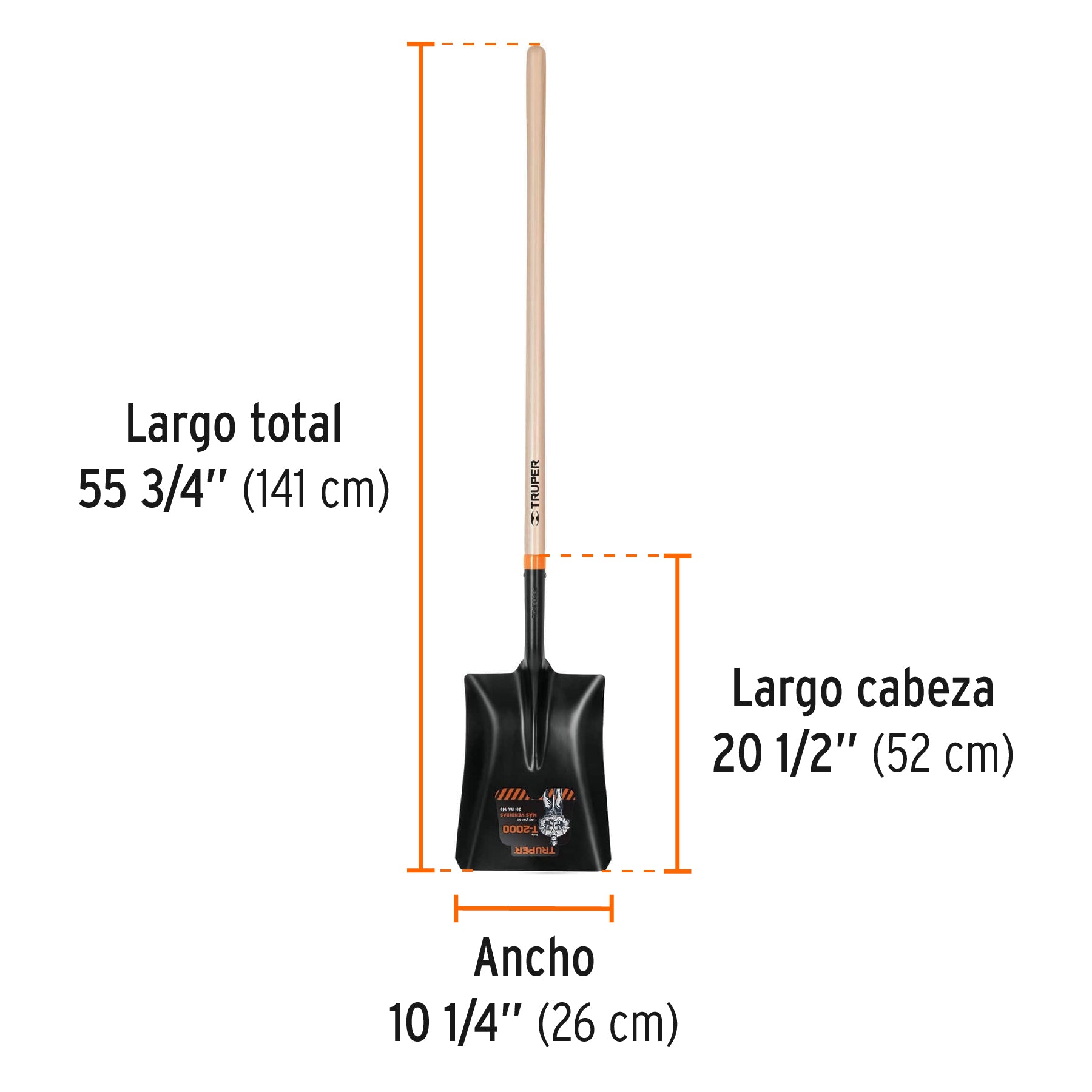 Pala T-2000 cuadrada, tipo español, mango largo 43'