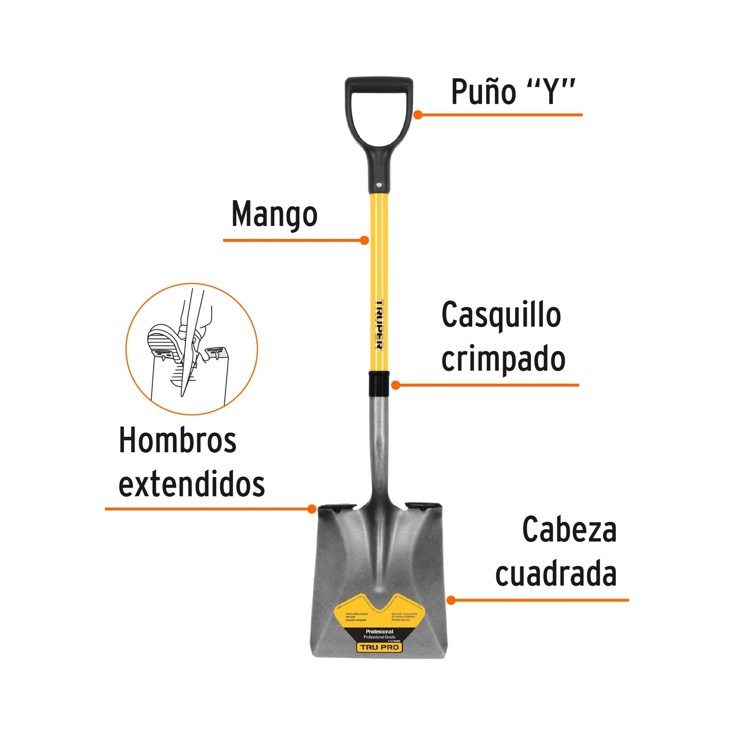 Pala tru glass cuadrada, puño "y", mango 29-1/2"