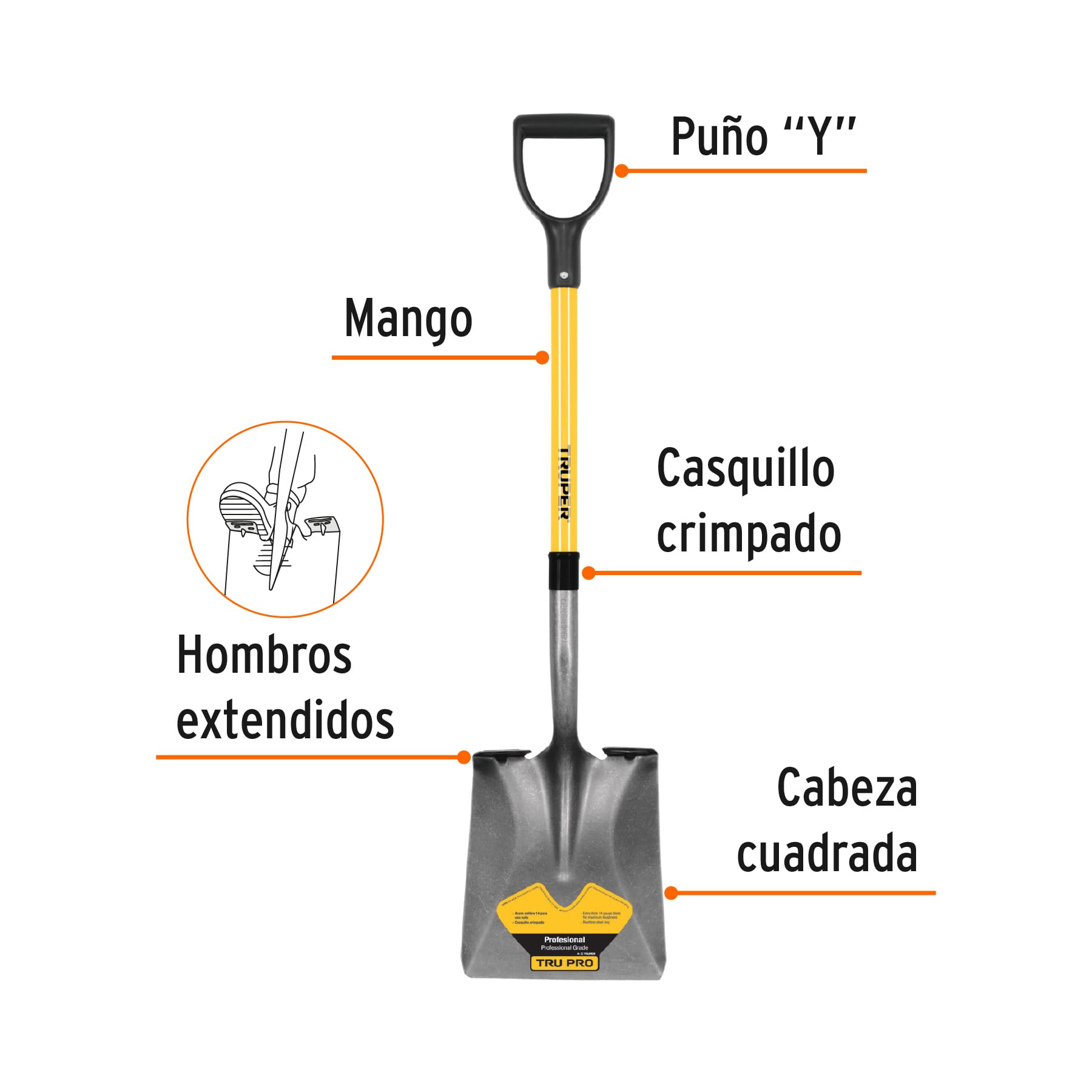 Pala tru glass cuadrada, puño "y", mango 29-1/2"