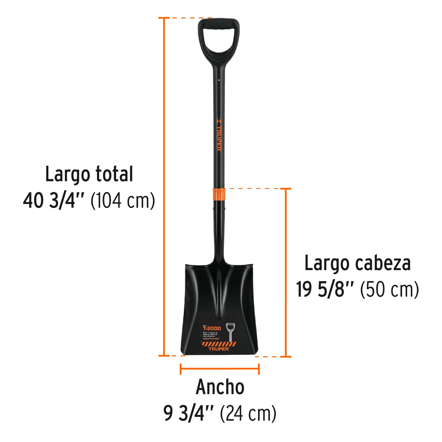 Pala cuadrada T-2000, puño 'Y' mango fibra de vidrio, Truper