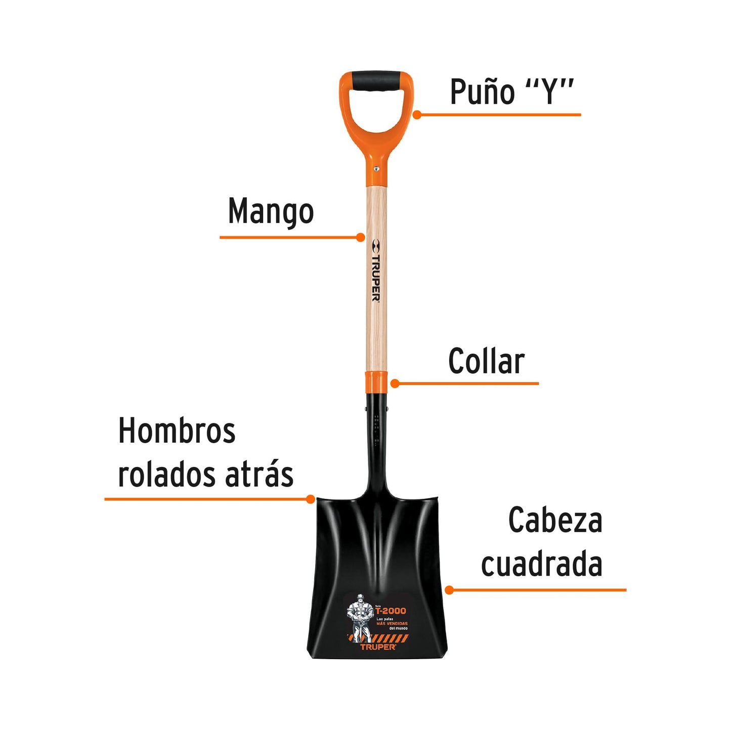 Pala t-2000 cuadrada, puño "y", mango 29-1/2"