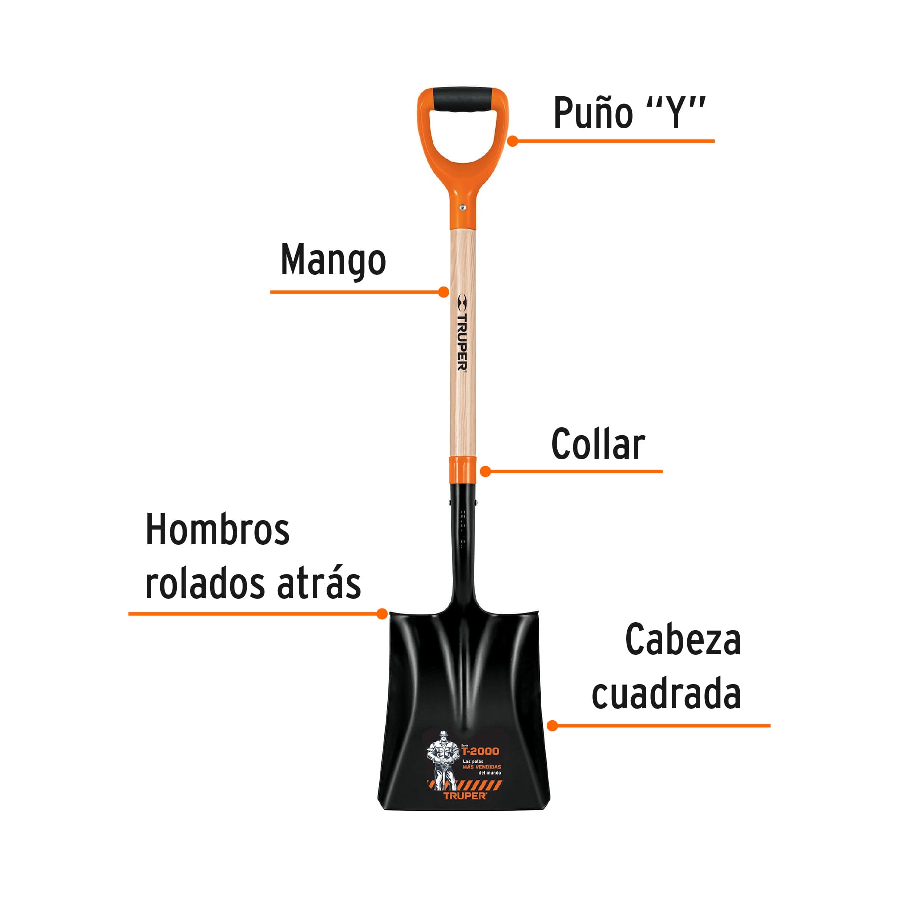 Pala t-2000 cuadrada, puño "y", mango 29-1/2"