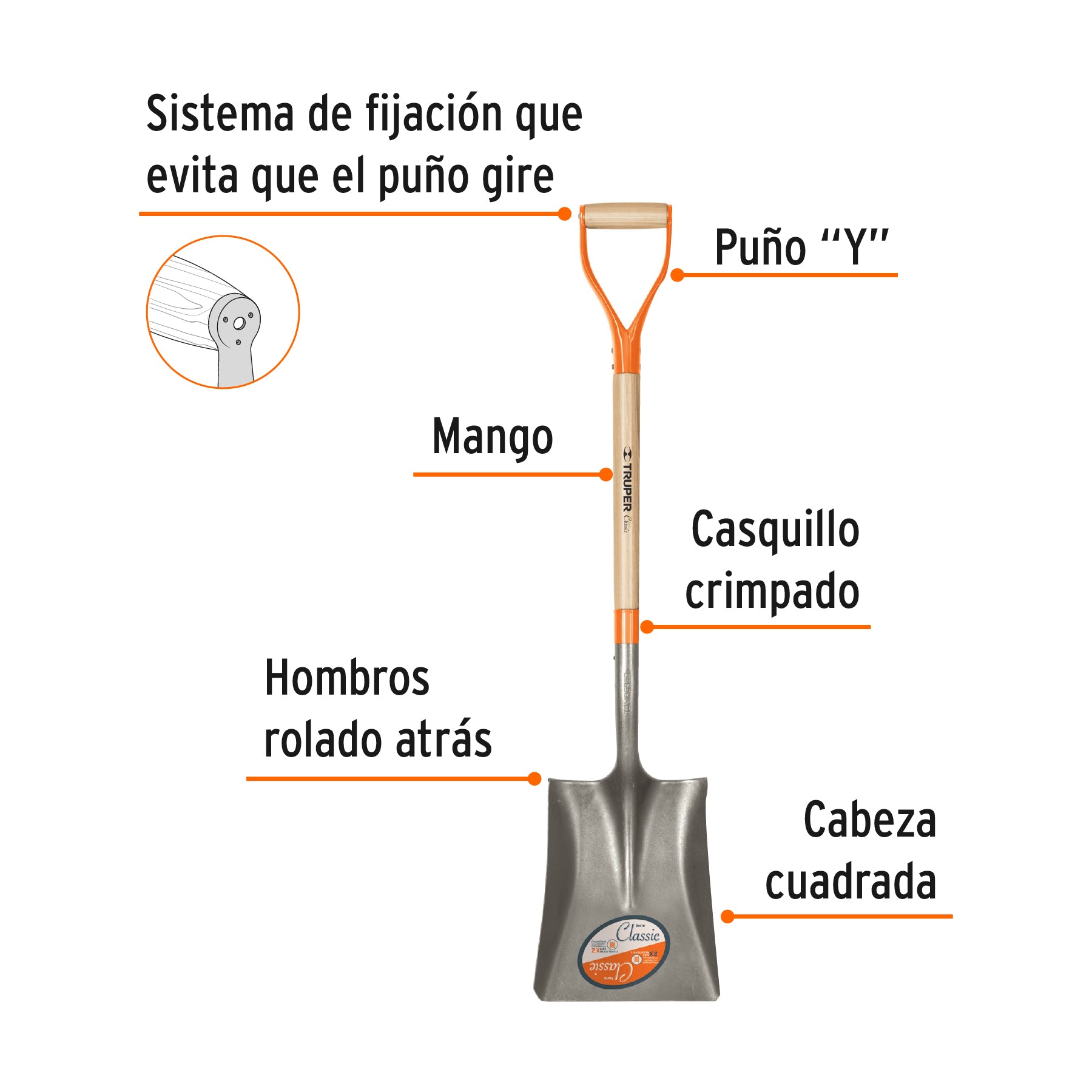 Pala classic cuadrada, puño "y", mango 31"