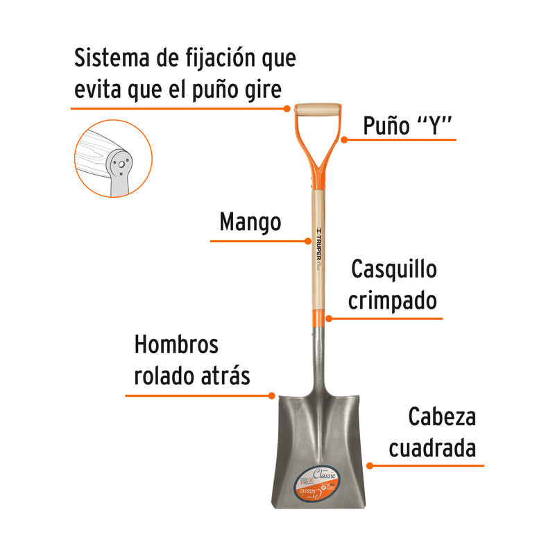 Pala classic cuadrada, puño "y", mango 31"