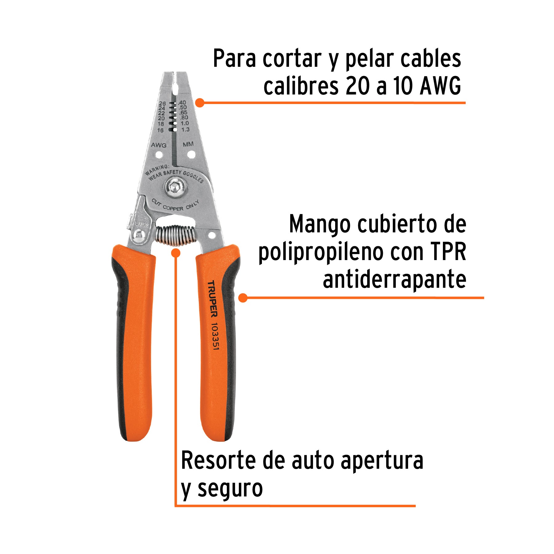 Pinza 6' pela cables, 20 a 10 AWG, TRUPER