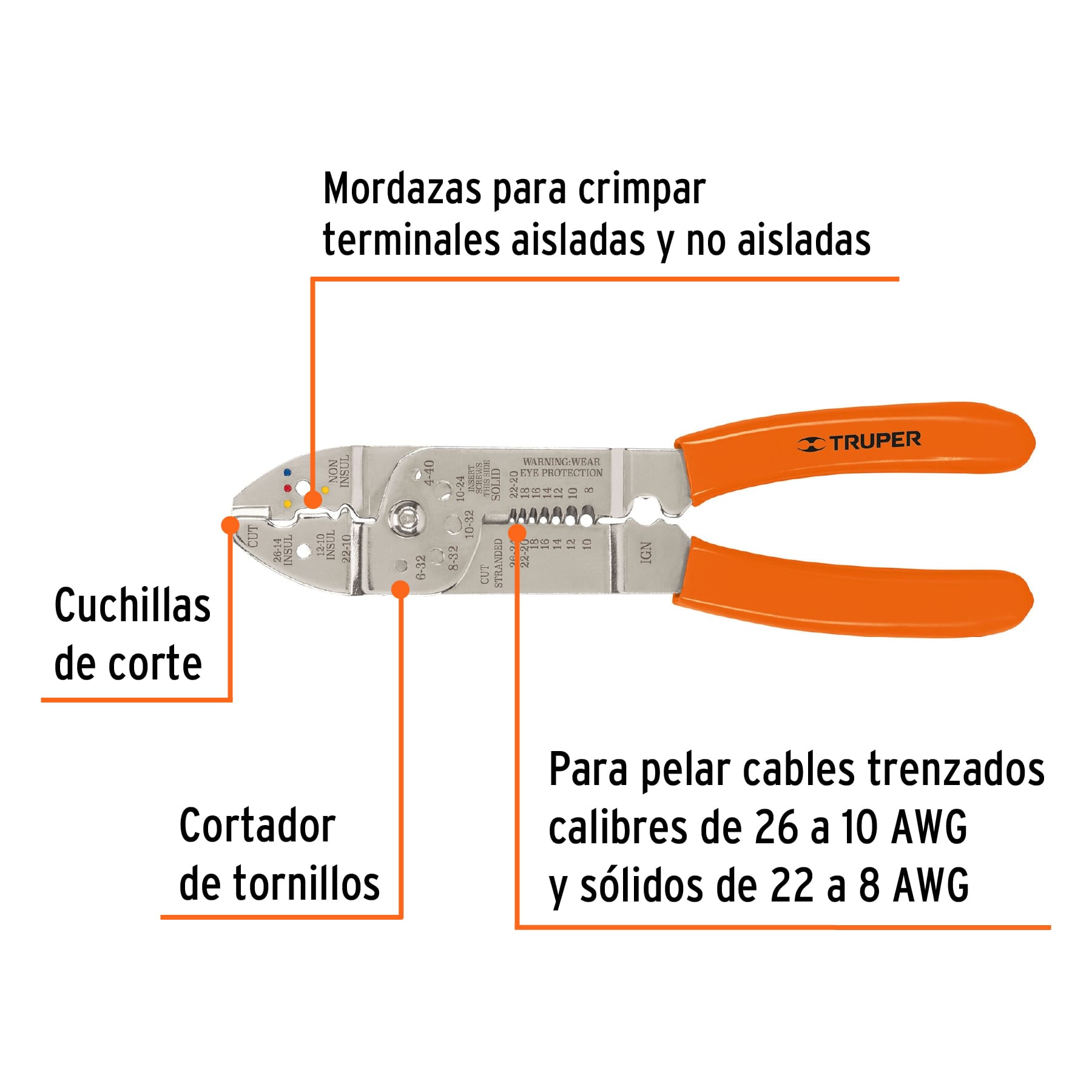 Pinza pelacables 9", 7 medidas, 4 mordazas