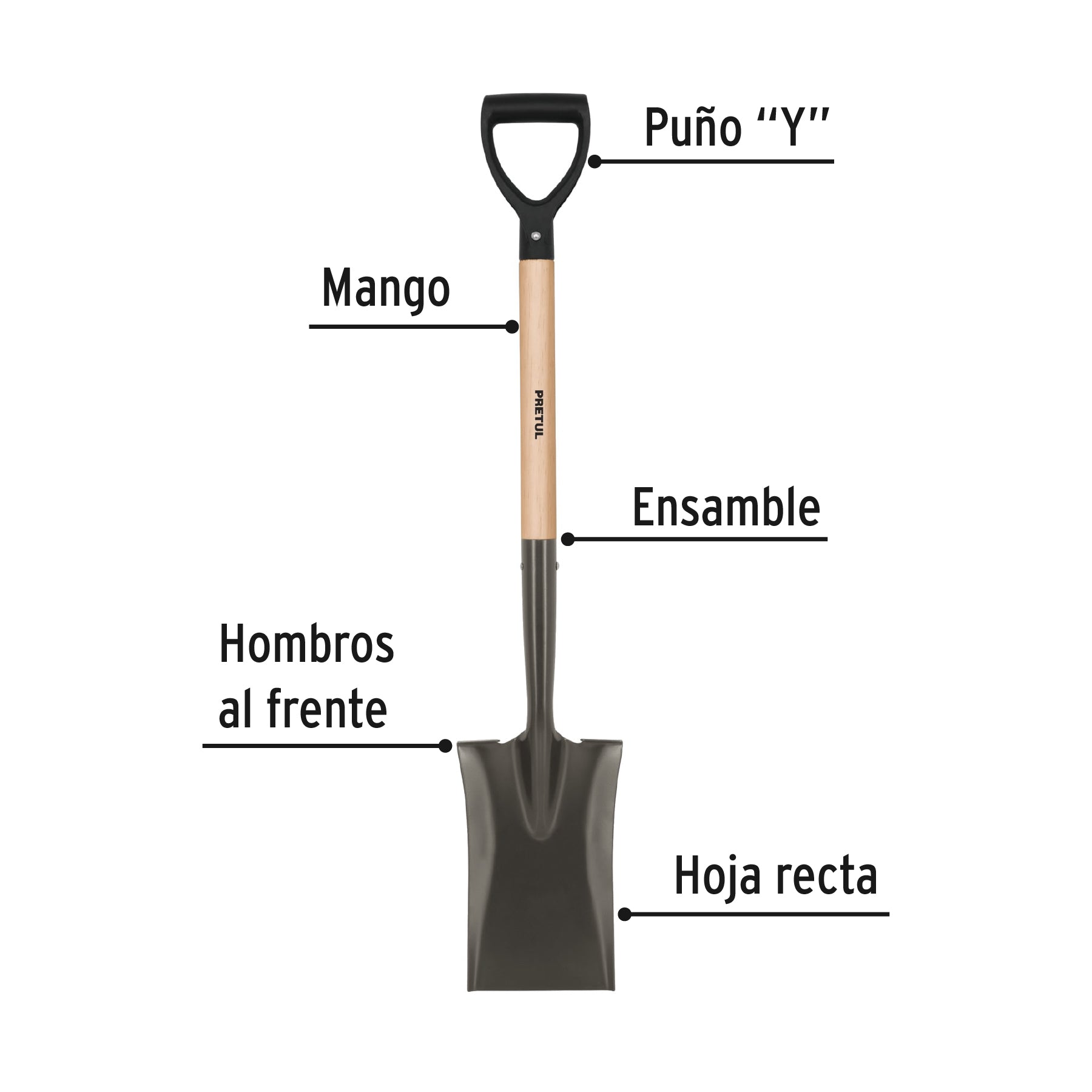 Pala escarramán, mango madera, puño "Y", Pretul